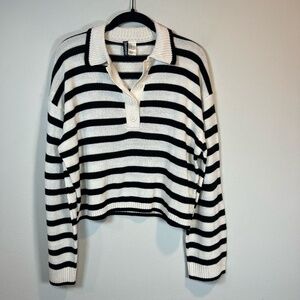 H&M Divided Cropped Polo Sweater Striped Ivory Black Stretch Preppy Women Medium